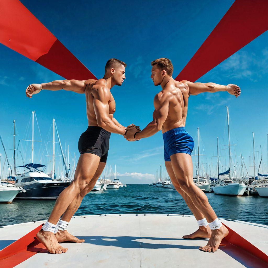 A split image showcasing two halves; one side featuring a serene marina with various boats, clear blue skies, and a sense of tranquility, while the other half depicts a lively wrestling match with athletes in action, emphasizing strength and excitement. Both sections should seamlessly blend into one another, symbolizing the unique intersection of marine insurance and wrestling liability. Bright colors with a dynamic layout to engage the viewer. super-realistic. vibrant colors. white background.