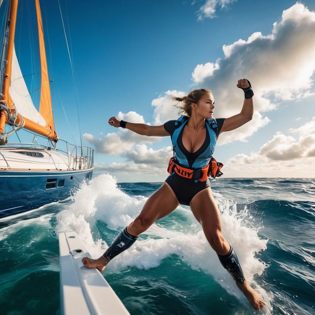 A dynamic scene blending the thrill of yacht sailing and wrestling, showcasing an athlete in a wrestling pose on the deck of a yacht amidst crashing waves. Highlight elements of assurance, like floating life jackets and insurance symbols around, symbolizing safety. The ocean should be vibrant with deep blues and foamy whites, while the sky is a clear azure with fluffy clouds. Capture the adventurous spirit and excitement of the dual sports, creating an engaging atmosphere. super-realistic. vibrant colors.