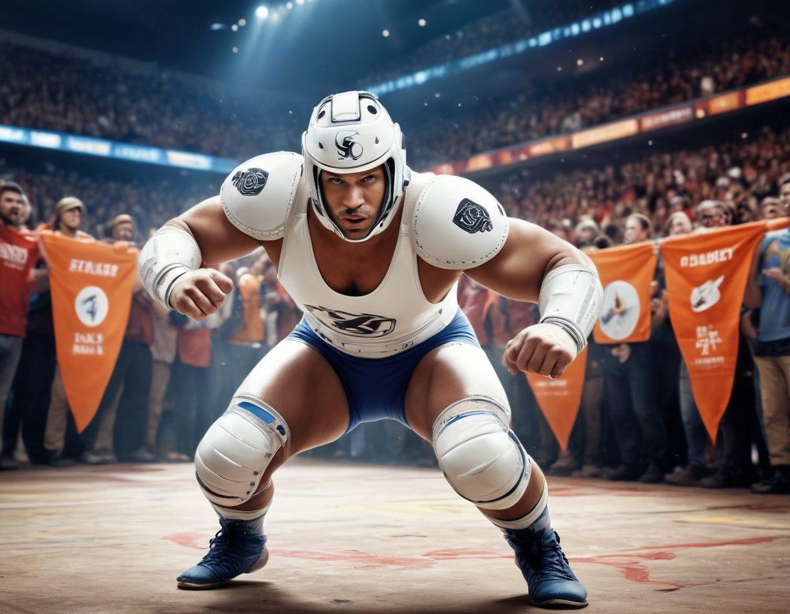 A dynamic wrestling scene with a wrestler in action, showcasing a protective gear adorned with insurance symbols like shields and checkmarks. In the background, a cheering crowd holding banners for safety and health, creating an energetic yet secure atmosphere. The color palette should be vibrant, emphasizing the drama of the sport while incorporating elements of security and protection. super-realistic. vibrant colors. white background.